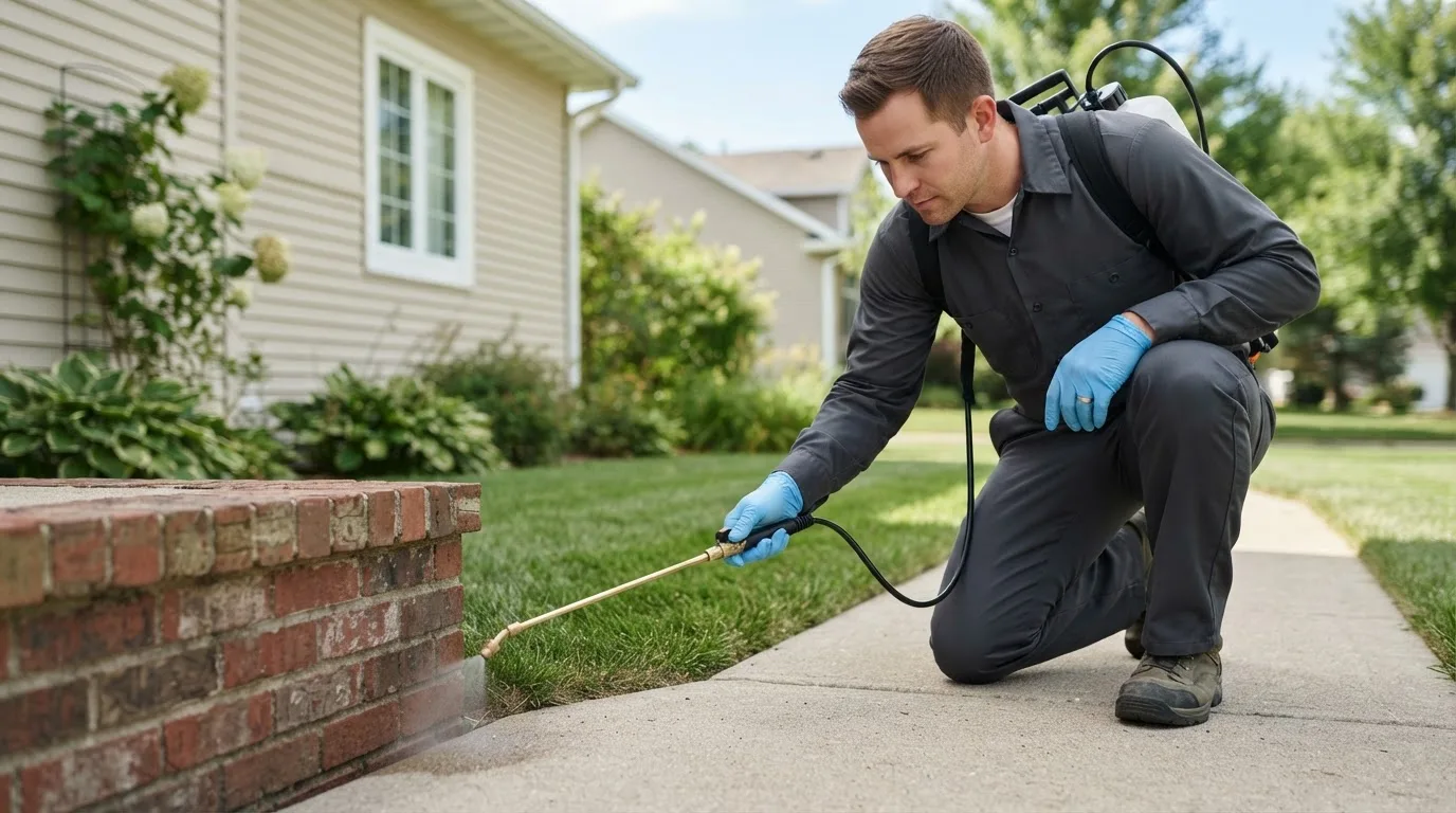 Pest control technician treating a home near Media, IL