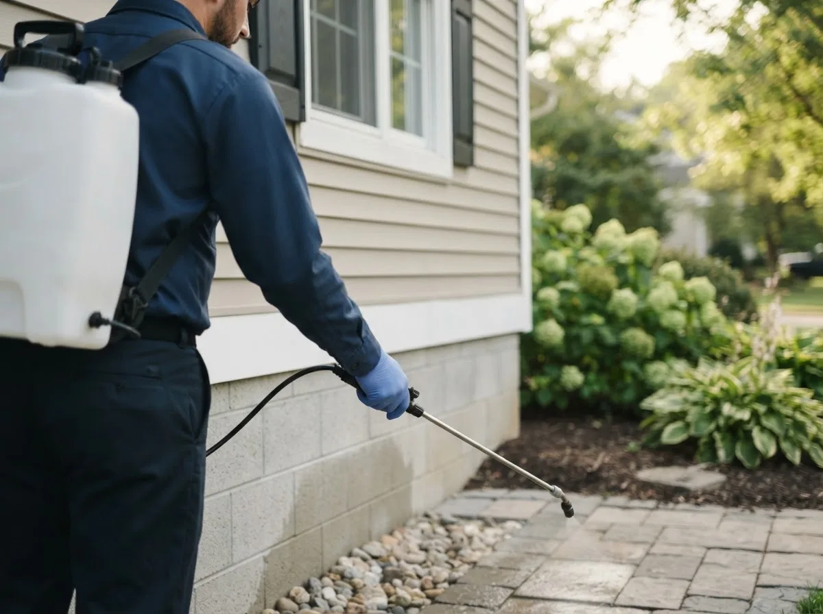 Pest control technician inspecting a home in Media, IL